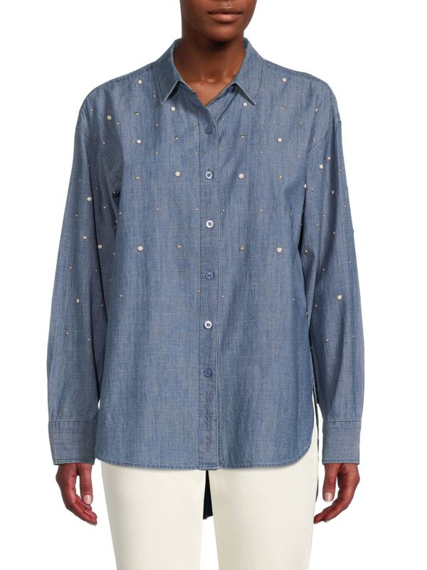 Karl Lagerfeld Paris Faux Pearl Denim Shirt